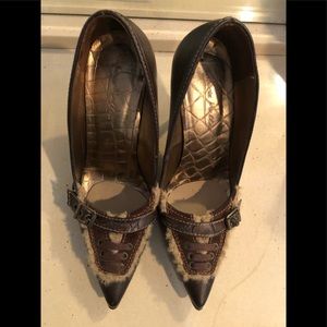 Chocolate Brown leather faux shearling laced stiletto pumps